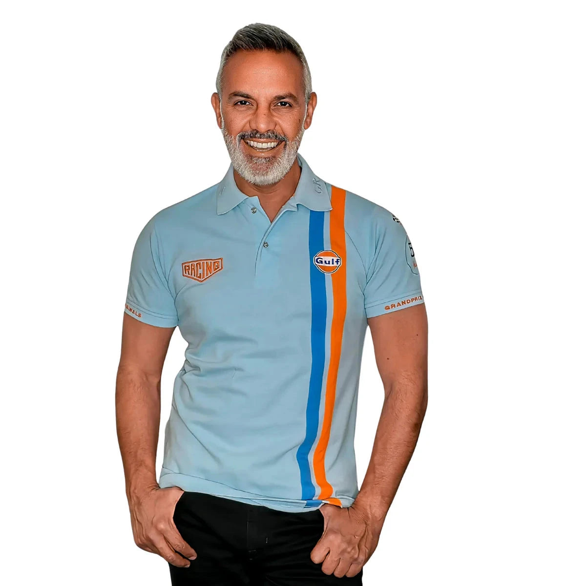GrandPrix Originals Men's Gulf Roadmaster Polo - White/Gulf Blue/Navy – Image 3